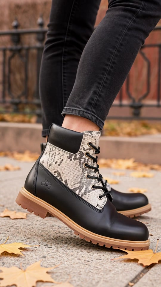 Patterned boots styled with black denim