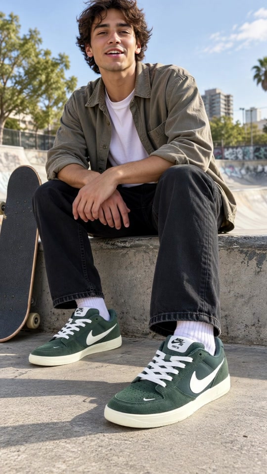 Green sneakers and a relaxed everyday outfit